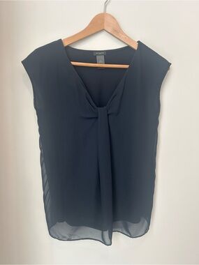 Ann Taylor Navy Tie-Front Cap Sleeve Blouse